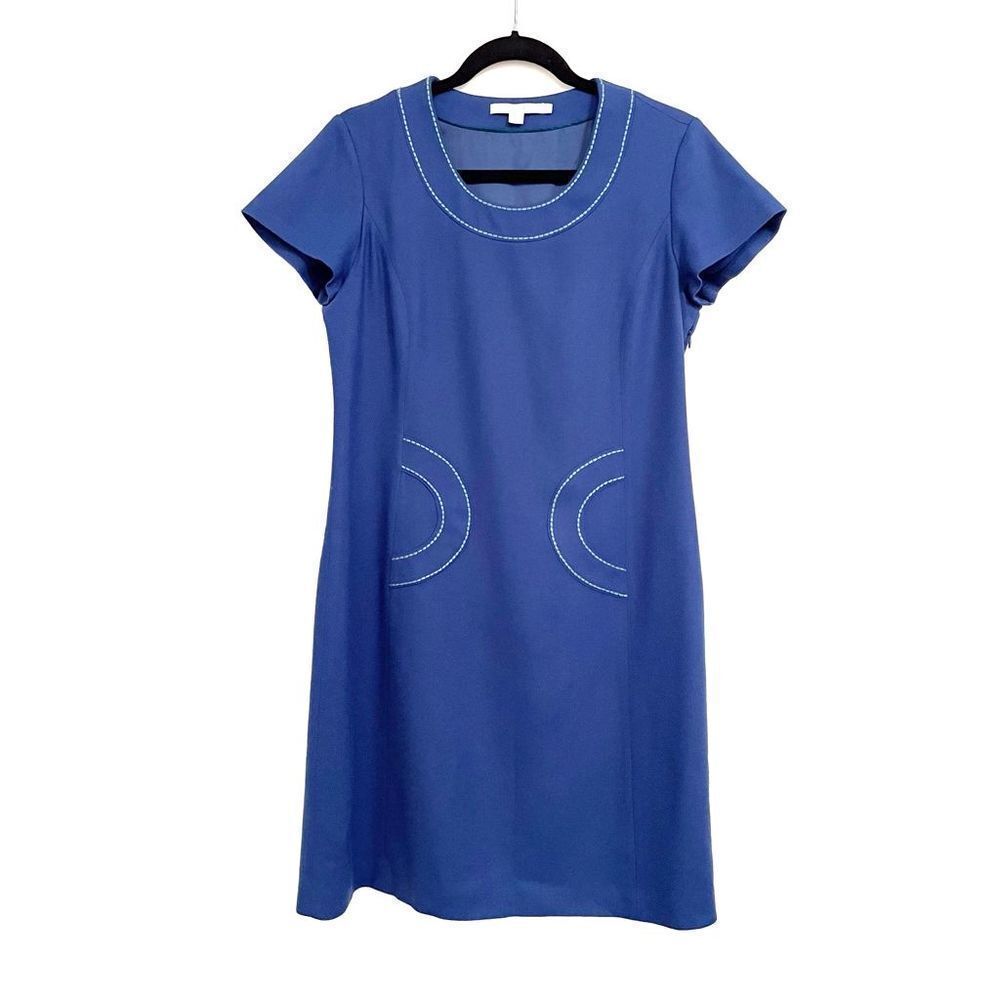 Boden Dress Wool Crepe Short Sleeve Shift Blue Size 8L